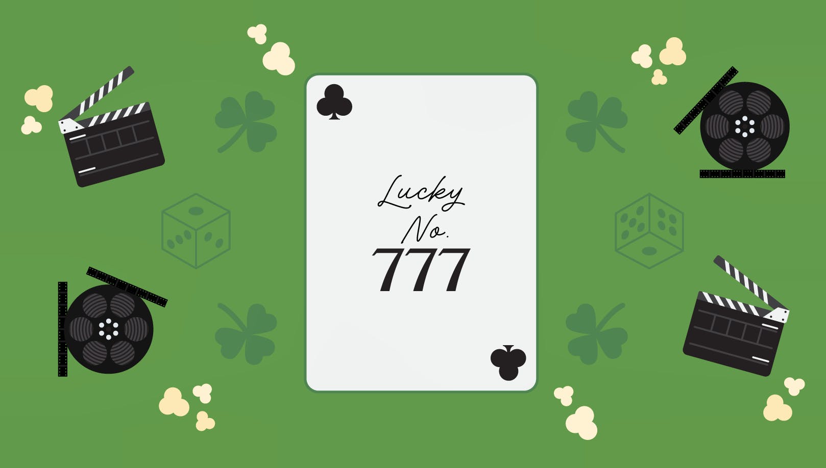 A playing card that says 'Lucky Number 7', surrounded by film reels, cameras, popcorn and four-leaf clovers